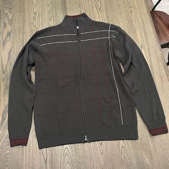 Adolfo Mens Gray Plaid Mock Neck Acrylic Full Zip Sweater Cardigan Size L - Picture 1 of 4